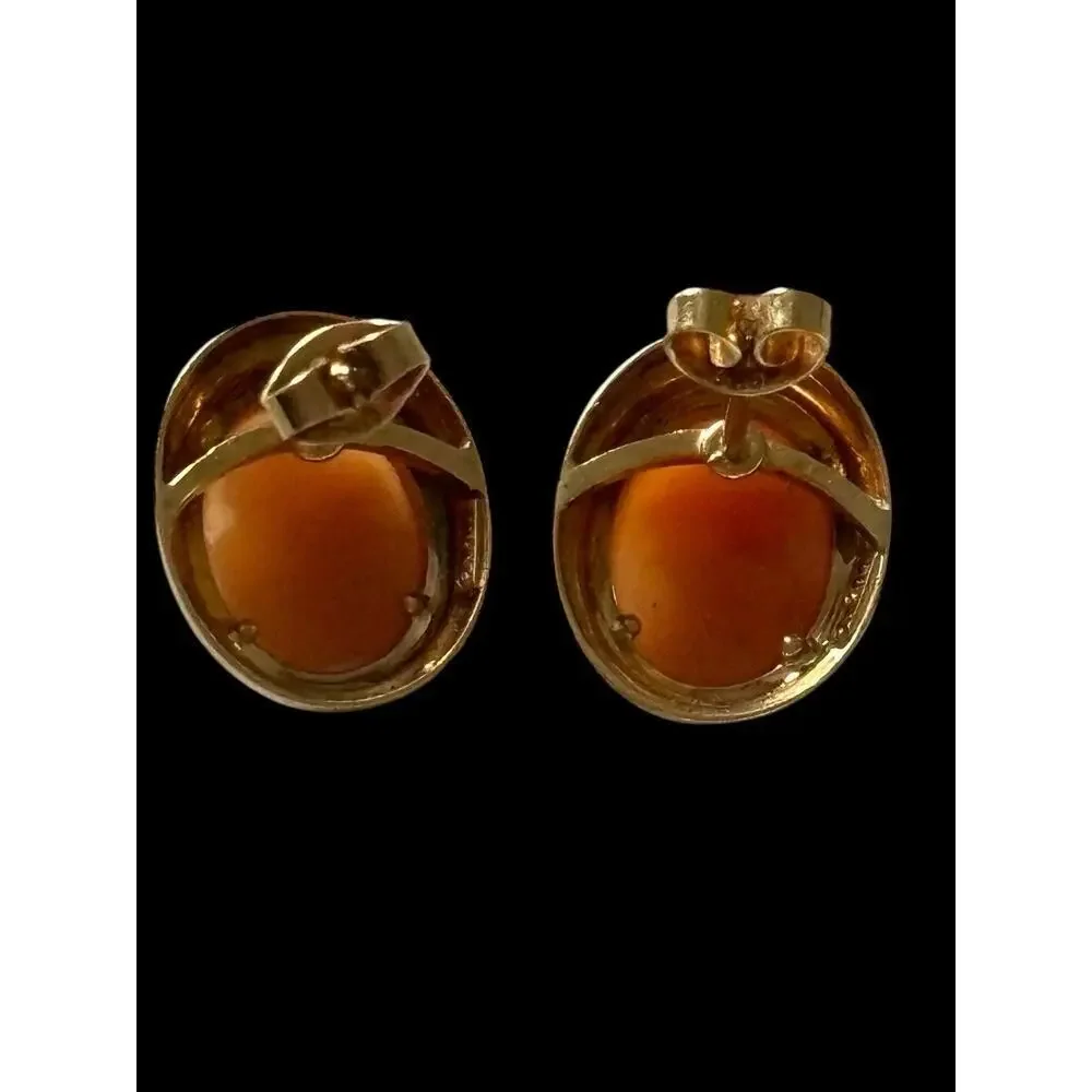 14k Yellow Gold Oval Carved Shell Italian Lady Head Cameo Earrings 4.0 Gram Vtg